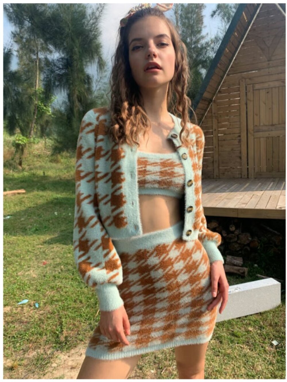 CBR Light Blue & Rust Houndstooth Mohair 3-Piece Knit Skirt Set S/M